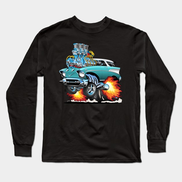 Classic Fifties Hot Rod Muscle Car Cartoon Long Sleeve T-Shirt by hobrath